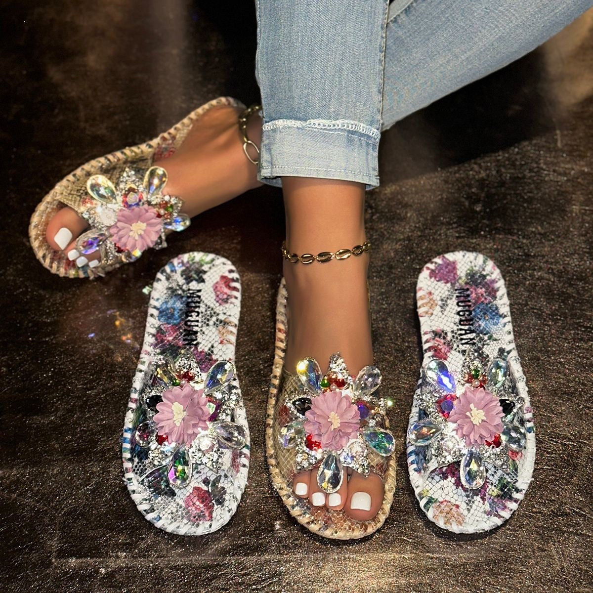 Fashion All-match Crystal Gem Flat Slippers NewGew