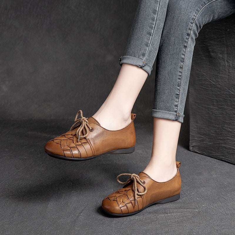 Women Retro Handmade Plaited Leather Flat Shoes Newgew Shoes