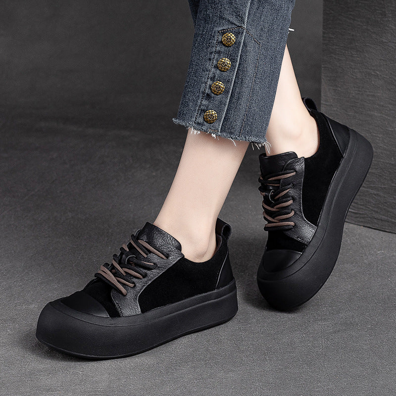 Women Retro Patchwork Leather Flat Casual Shoes Newgew Shoes
