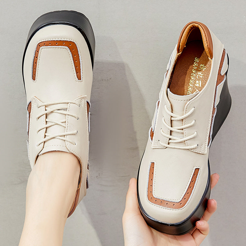 Women Cowhide Color Matching Thick Wedge Casual Shoes Newgew Shoes