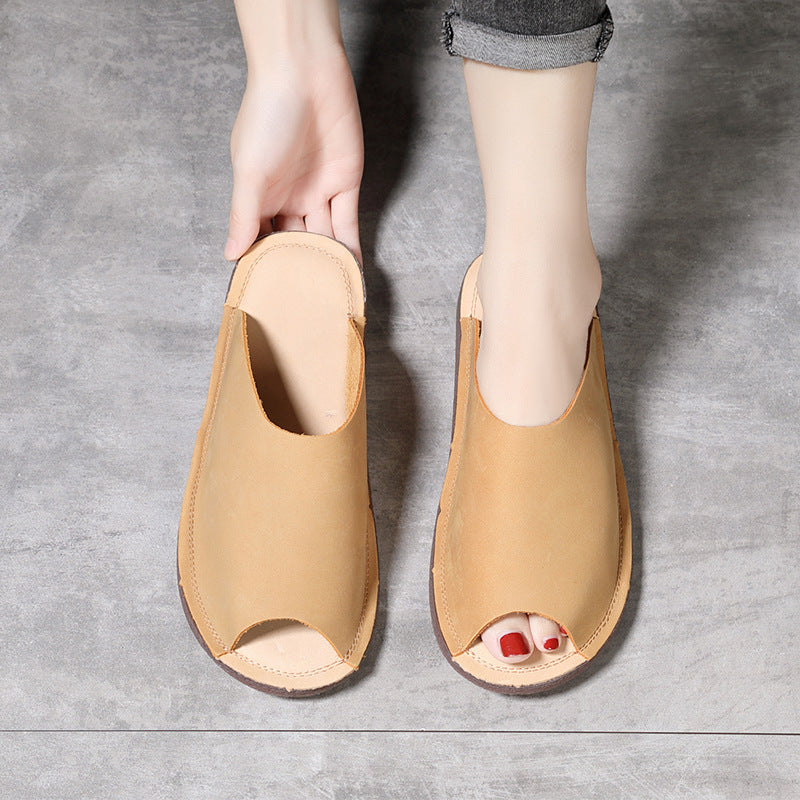 Women Retro Soft Cowhide Summer Flat Slides Newgew Shoes
