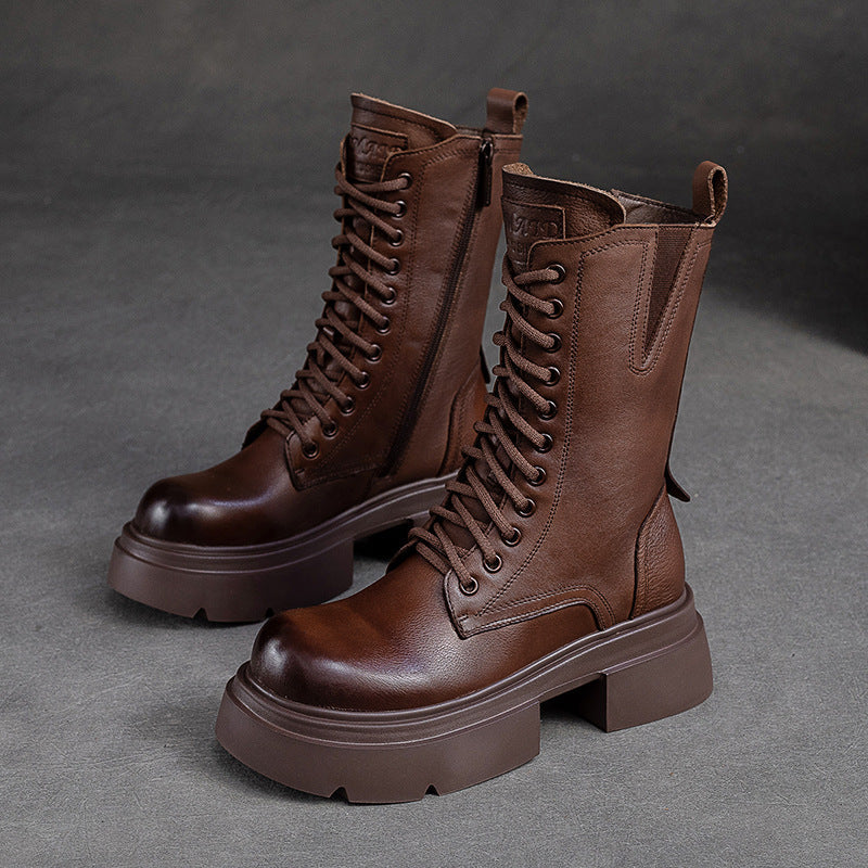 Women Retro Classic Leather Platform Mid-Calf Boots Newgew Shoes