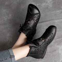 Women Retro Casual Hollow Leather Flat Ankle Boots Newgew Shoes