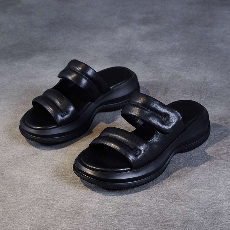 Women Minimalist Soft Leather Casual Summer Slides Newgew Shoes