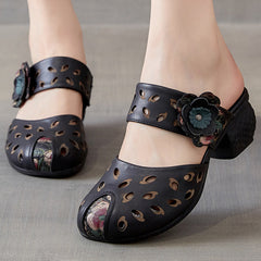 Women Hollow Leather Casual Summer Heel Slides Newgew Shoes
