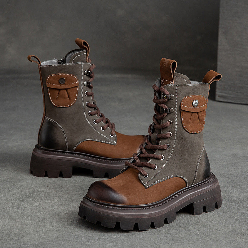 Women Retro Color Matching Patchwork Leather Combat Boots Newgew Shoes