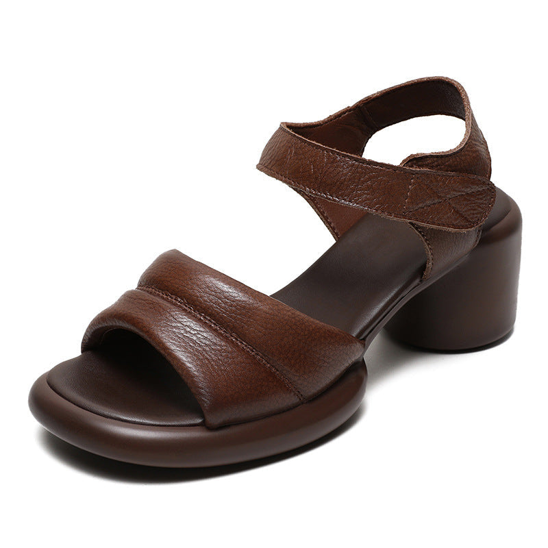 Women Retro Casual Leather Chunky Heel Sandals Newgew Shoes