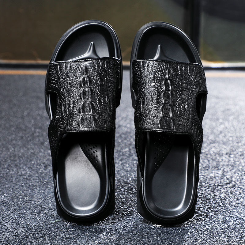 Men Crocodile Casual Black Slides Sandals Newgew Shoes
