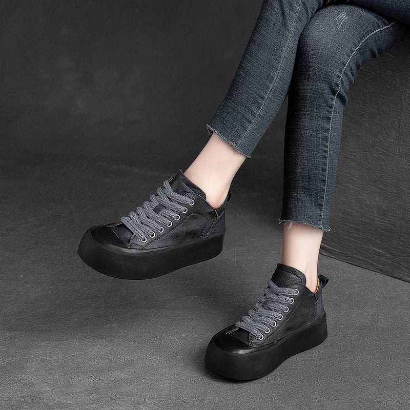 Women Retro Leather Thick Soled Casual Shoes Newgew Shoes