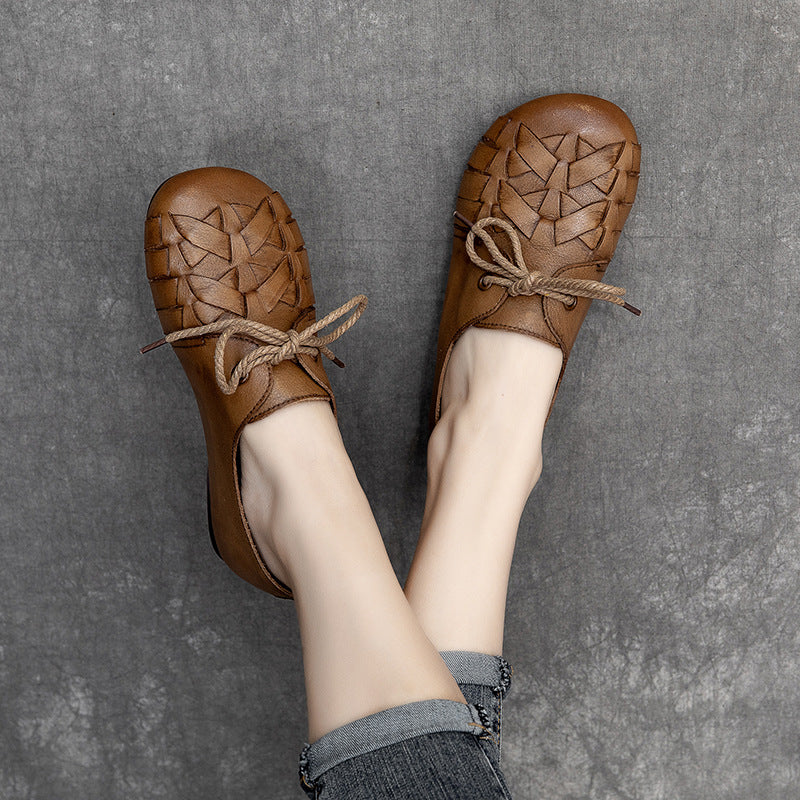 Women Retro Handmade Plaited Leather Flat Shoes Newgew Shoes