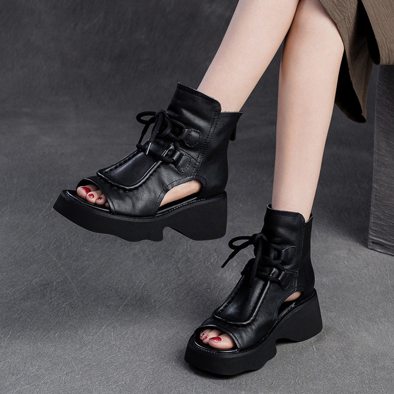 Women Retro Soft Leather High Top Platform Sandals Newgew Shoes