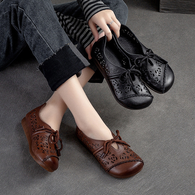 Women Retro Hollow Soft Leather Flat Shoes Newgew Shoes