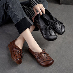 Women Retro Hollow Soft Leather Flat Shoes Newgew Shoes