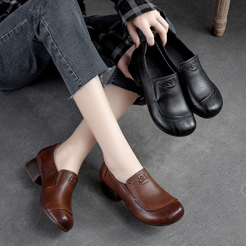 Women Retro Leather Chunky Heel Casual Shoes Newgew Shoes