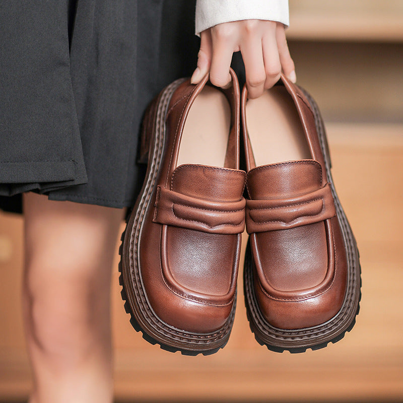 Women Casual Retro Leather Low Block Loafers Newgew Shoes