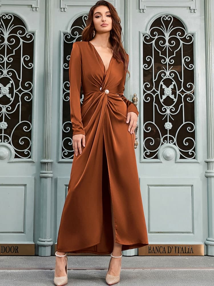 V Neck Slit Button Dress Newgew Dresses
