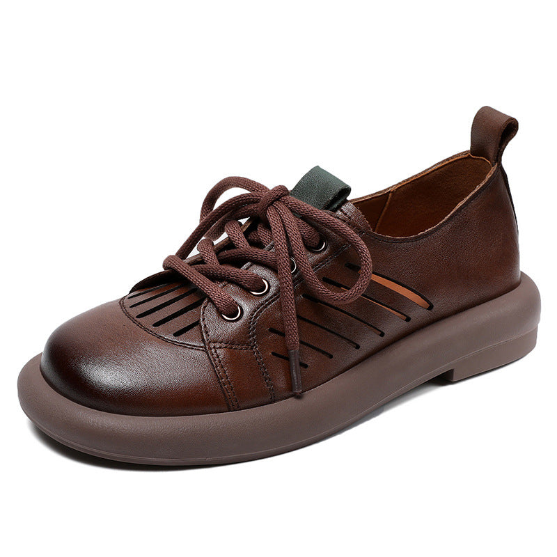 Women Retro Hollow Leather Flat Casual Shoes Newgew Shoes