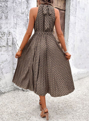 Women's Patterned Sleeveless Halterneck Midi Dress with Waist Tie Newgew Dresses