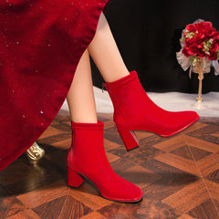 Square Toe Thick Heeled Back Zipper Short Boots Newgew