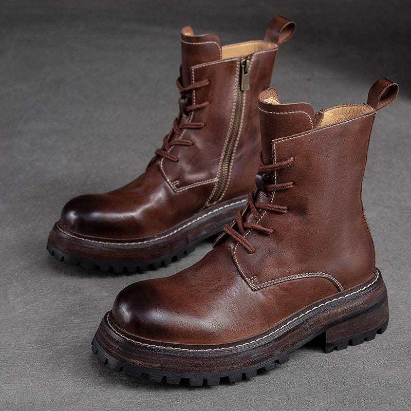 Women Classic Cowhide Patchwork Leather Combat Boots Newgew Shoes