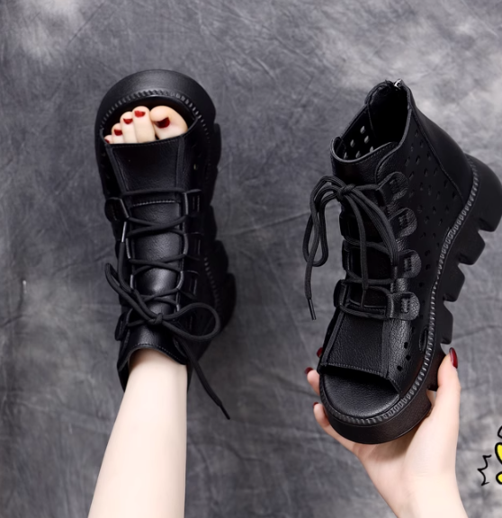Women Leather Peep Toe Casual Platform Sandals