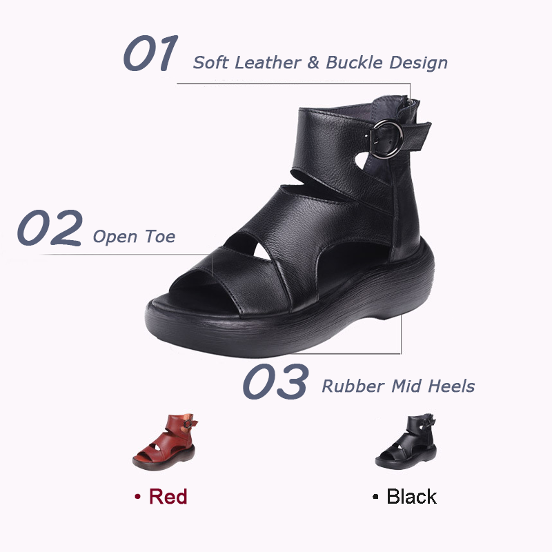 Peep Toe Mid Heel Leather Sandals Newgew Shoes