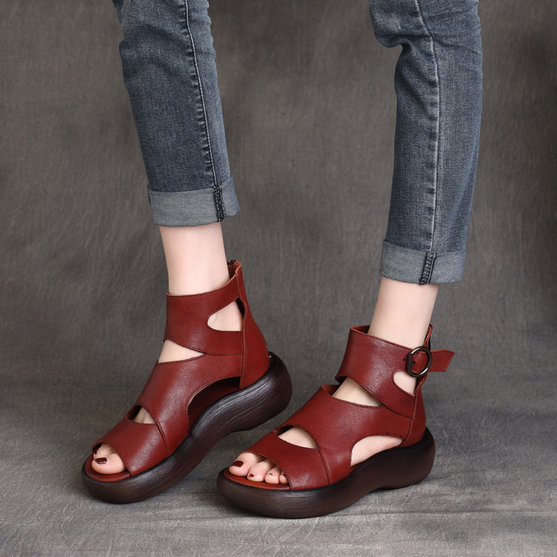 Peep Toe Mid Heel Leather Sandals Newgew Shoes