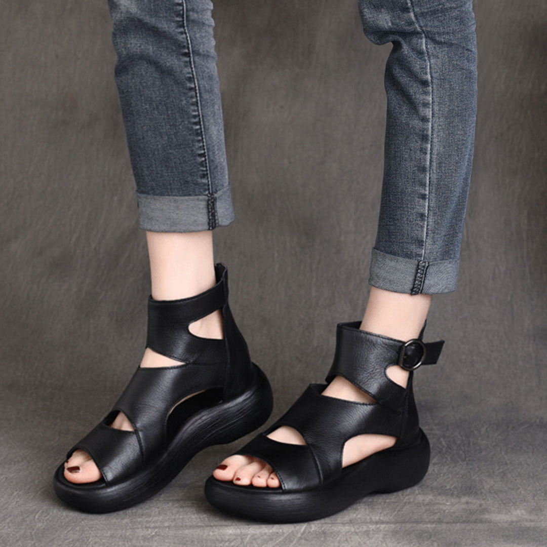 Peep Toe Mid Heel Leather Sandals Newgew Shoes