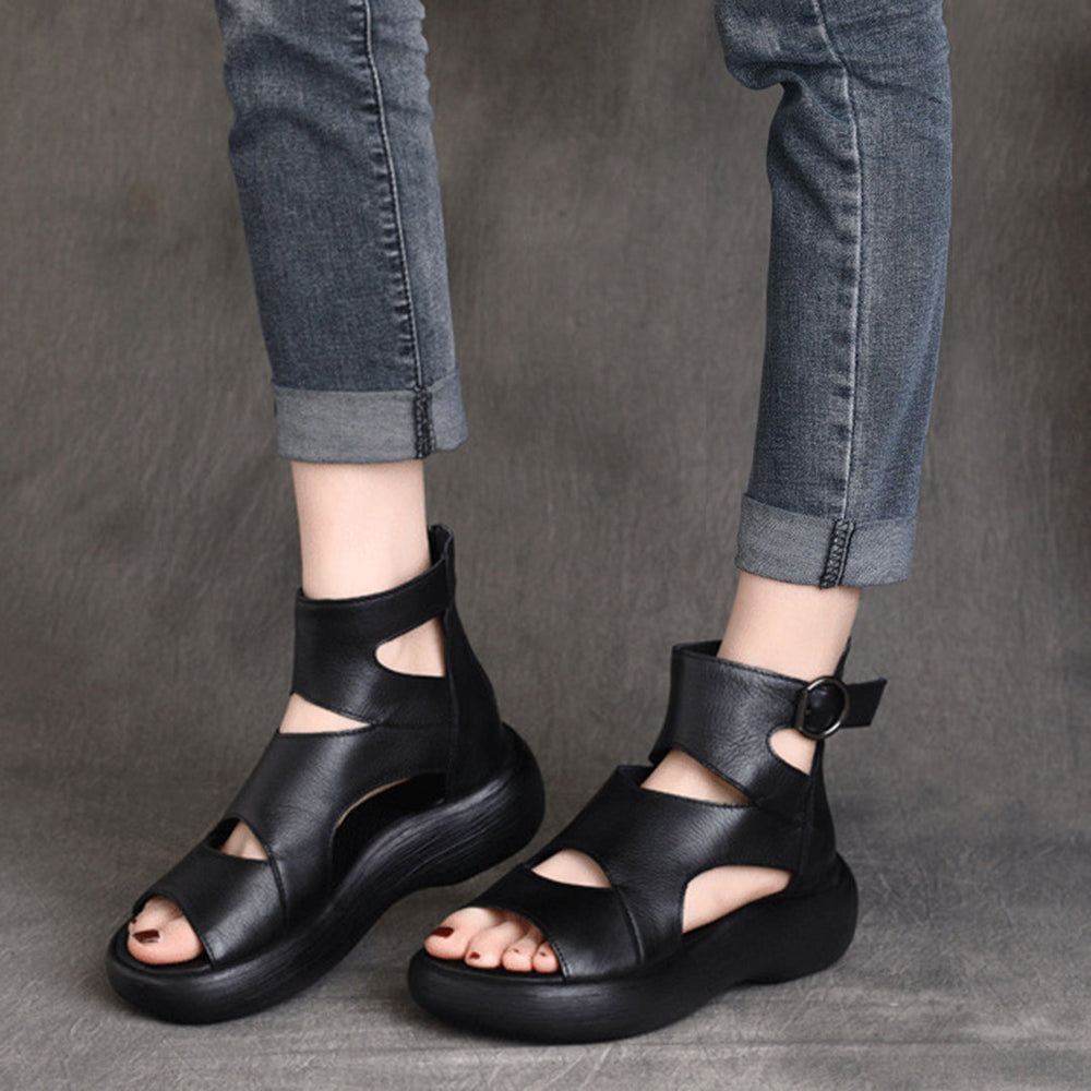 Peep Toe Mid Heel Leather Sandals Newgew Shoes