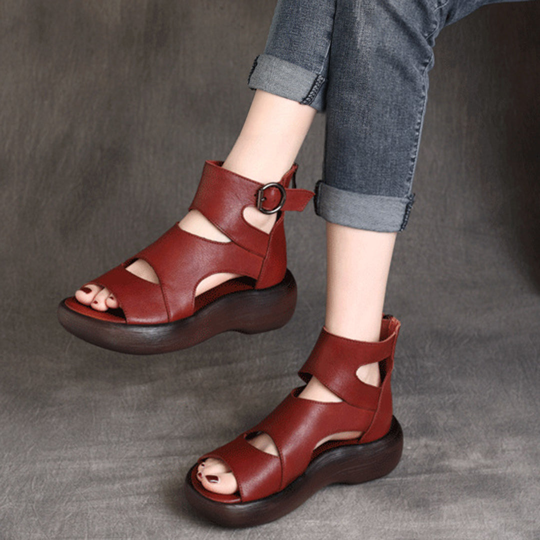 Peep Toe Mid Heel Leather Sandals Newgew Shoes