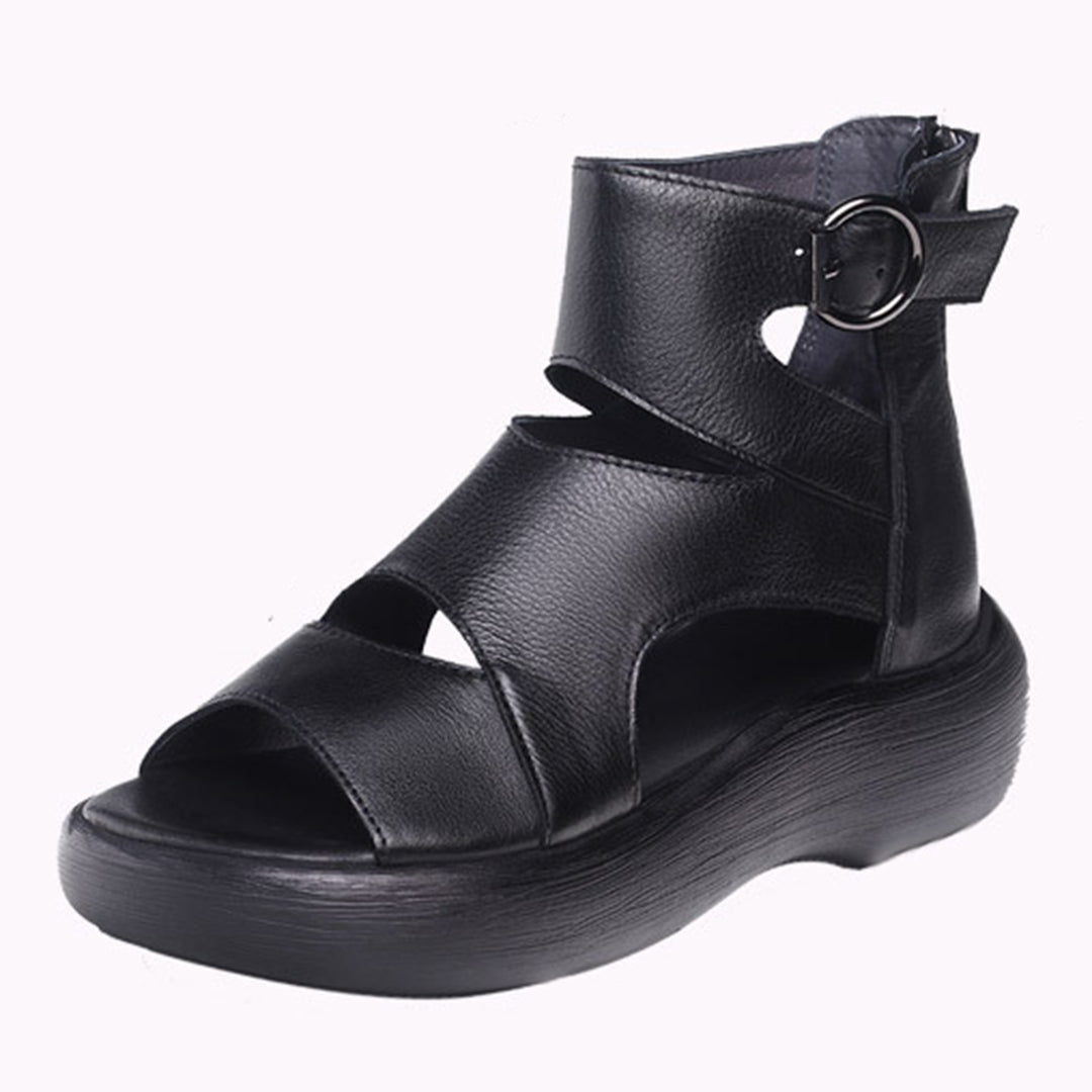 Peep Toe Mid Heel Leather Sandals Newgew Shoes