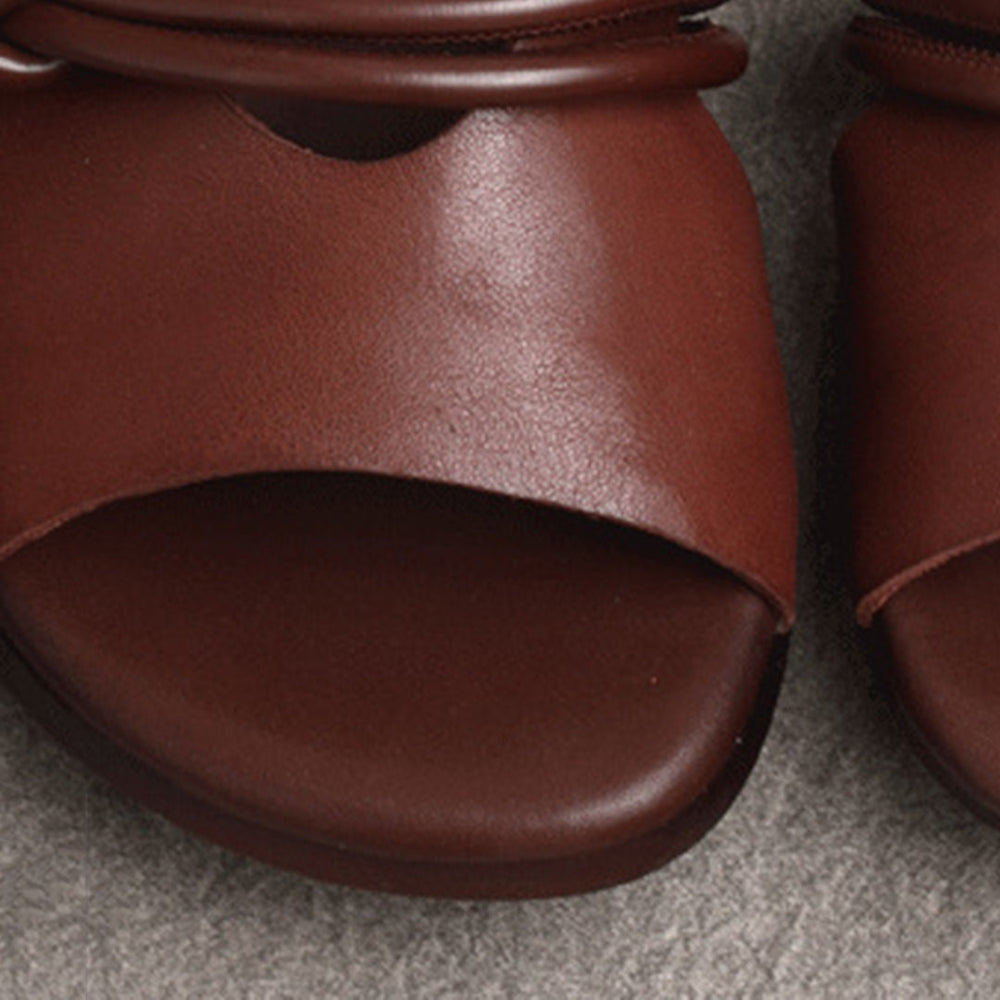 Peep Toe Solid Flat Leather Sandals Newgew Shoes
