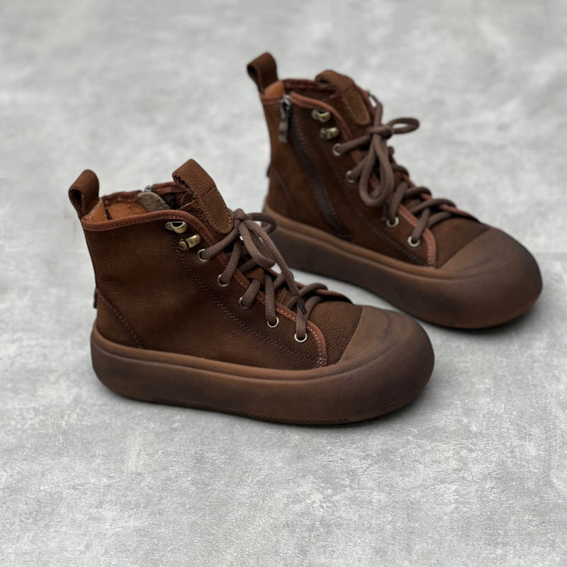 Retro Round Toe Lace-up Casual Leather Boots Newgew Shoes
