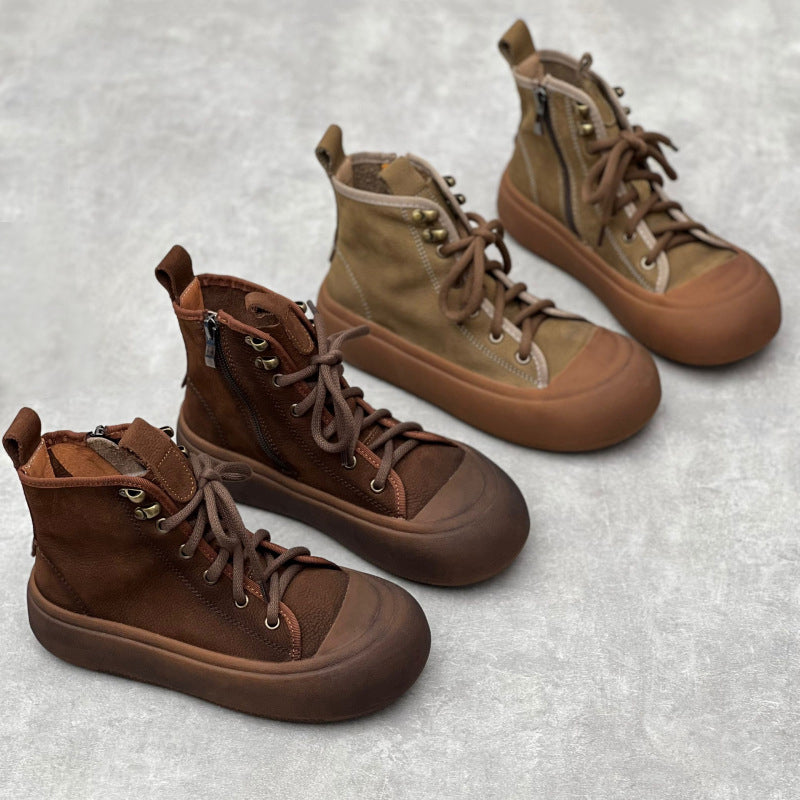 Retro Round Toe Lace-up Casual Leather Boots Newgew Shoes