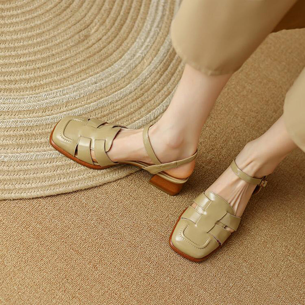 Retro Woven Square Toe Chunky Sandals Newgew Shoes