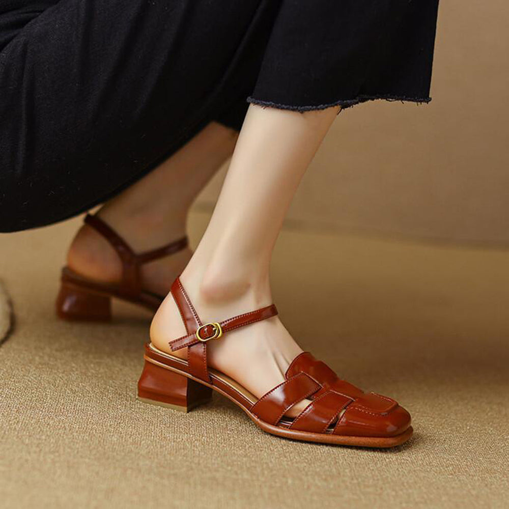 Retro Woven Square Toe Chunky Sandals Newgew Shoes