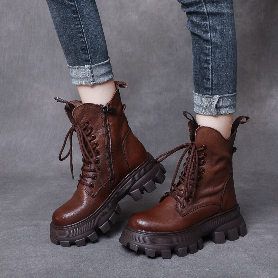 Round Toe Lace-Up Platform Leather Boots – PinTow