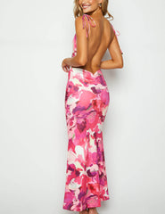 Sleeveless Backless Pink Print Maxi Dress Newgew Dresses