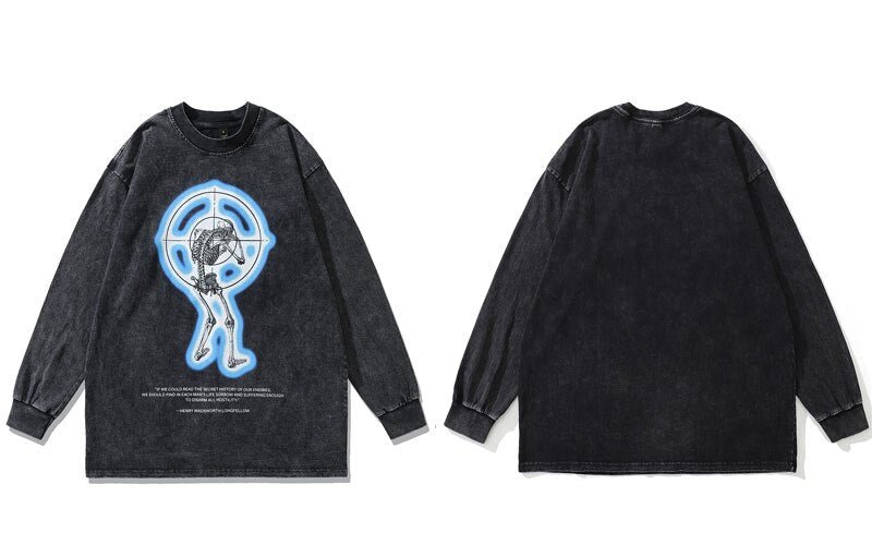 Skeleton Target Acid Washed Long Sleeve T-Shirt Newgew