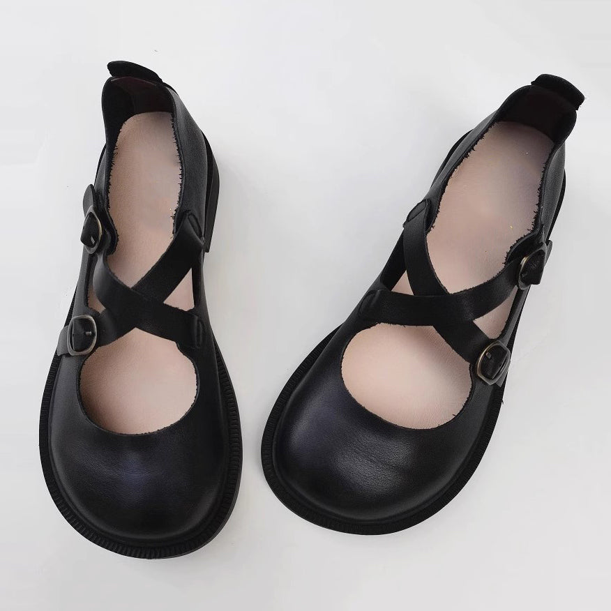 Women Leather Cross Belt Flat Shoes Newgew Shoes