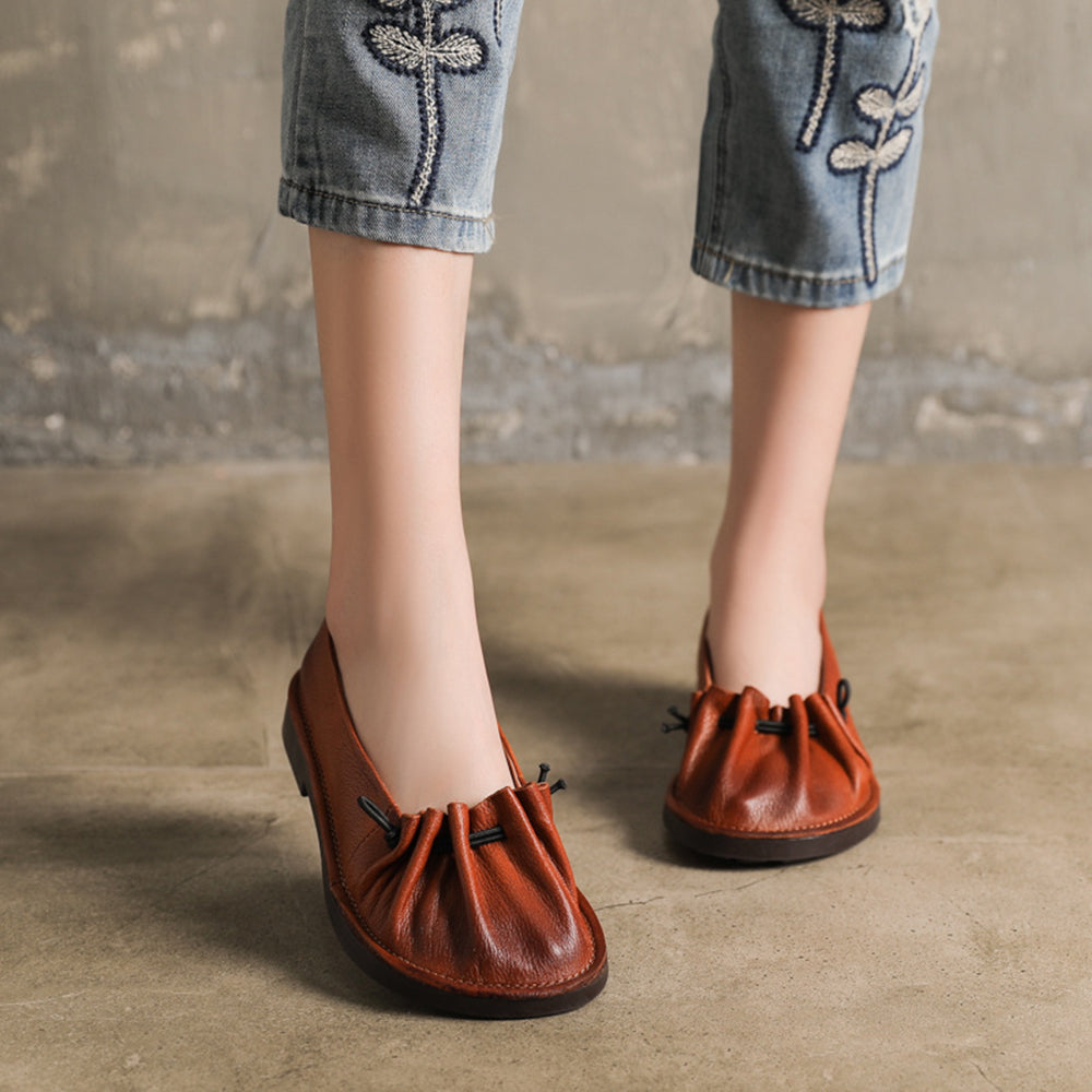 Women Pleated Leather Flat Shoes Newgew Shoes