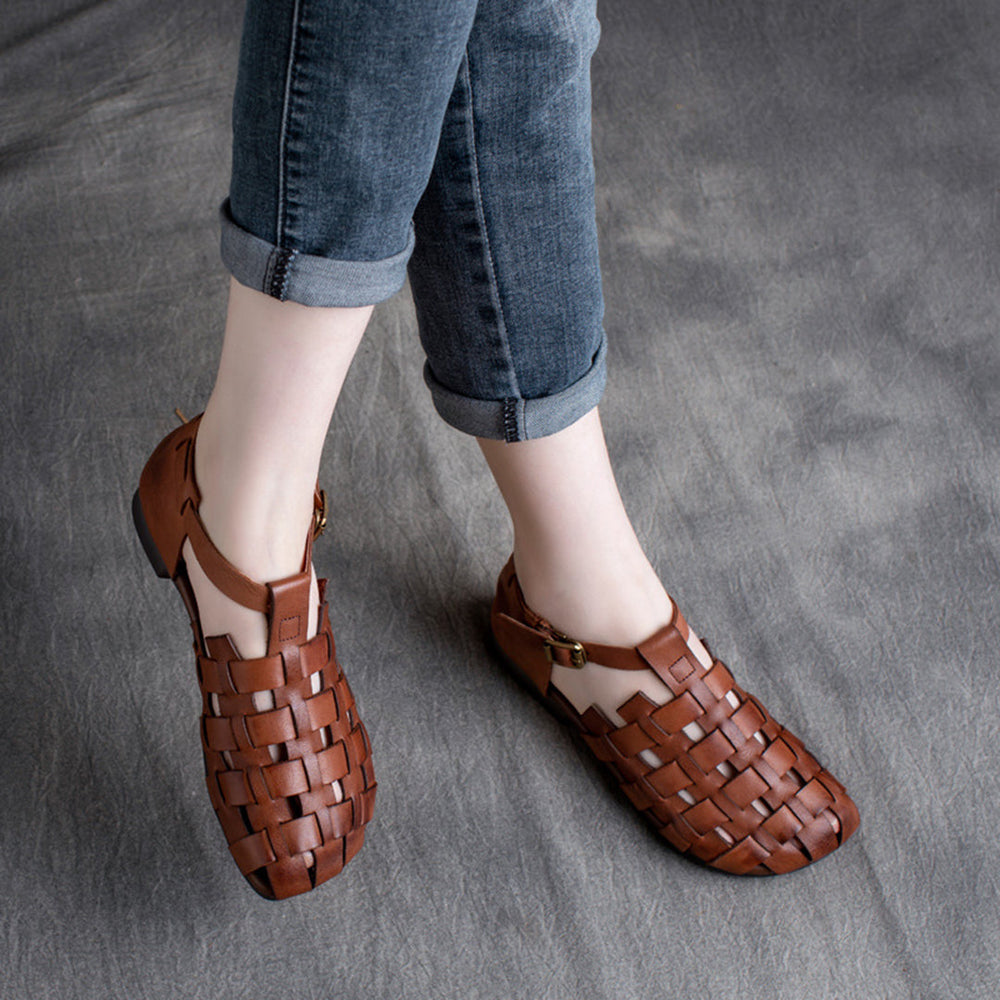 Women Retro Woven Cowhide Leather Sandals Newgew Shoes