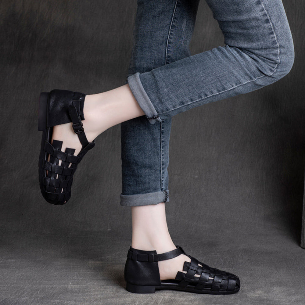 Women Retro Woven Cowhide Leather Sandals Newgew Shoes