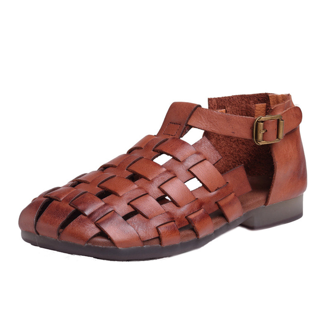 Women Retro Woven Cowhide Leather Sandals Newgew Shoes