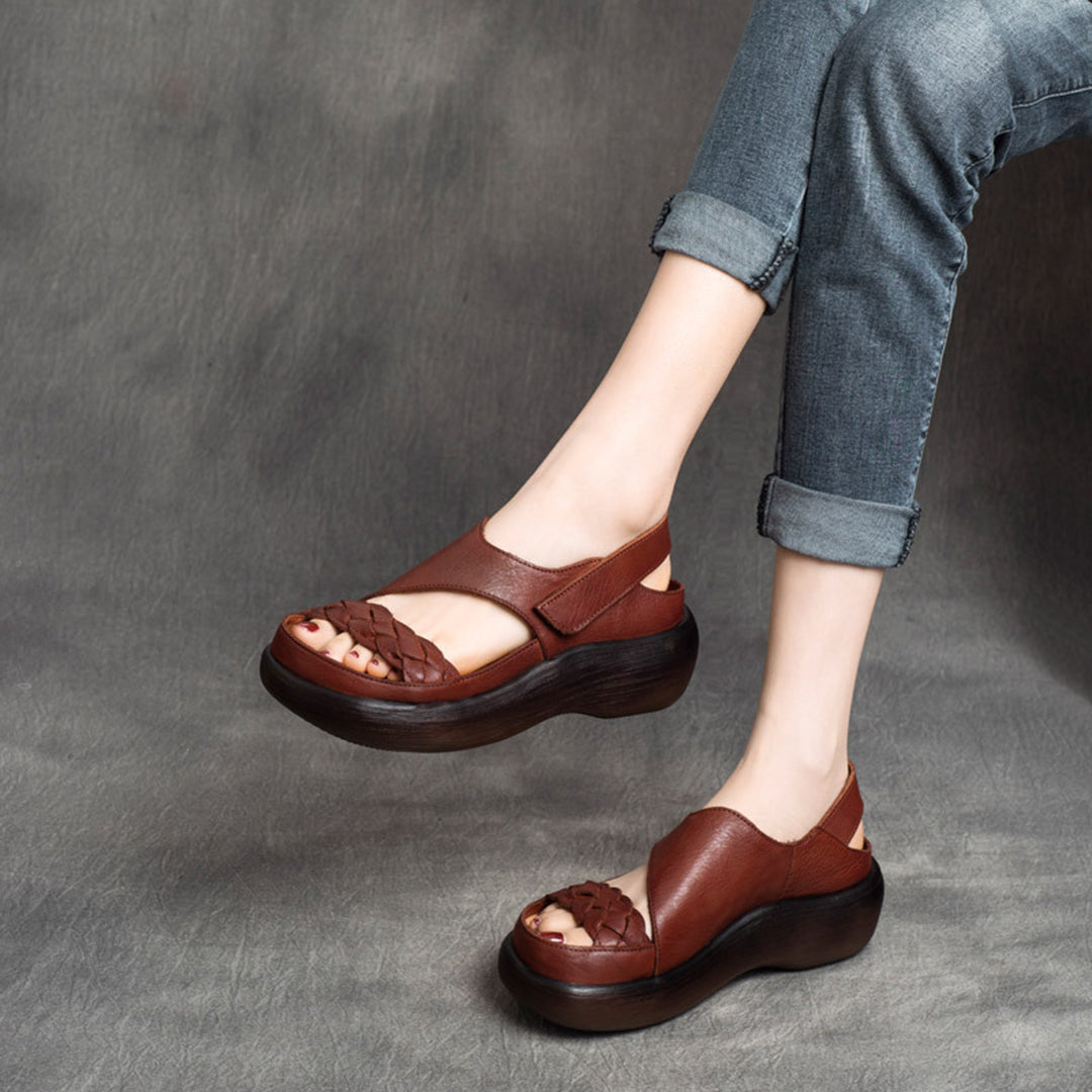 Woven Solid Velcro Leather Sandals Newgew Shoes