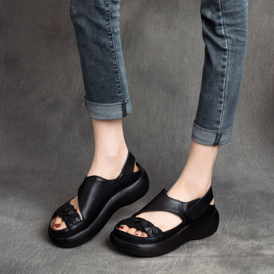 Woven Solid Velcro Leather Sandals Newgew Shoes