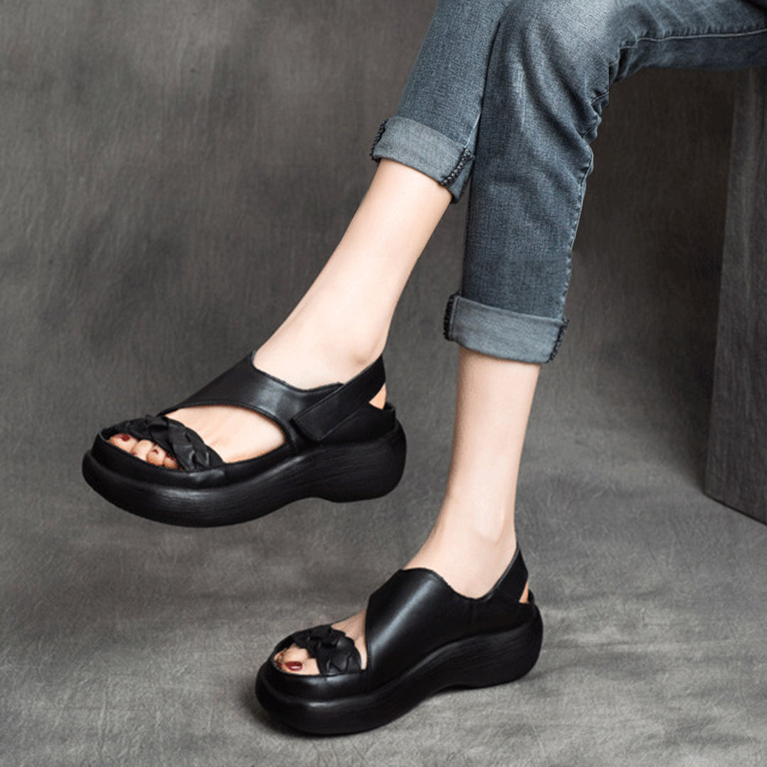 Woven Solid Velcro Leather Sandals Newgew Shoes