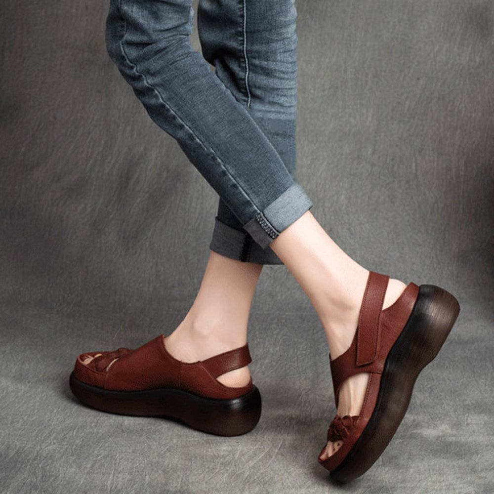 Woven Solid Velcro Leather Sandals Newgew Shoes