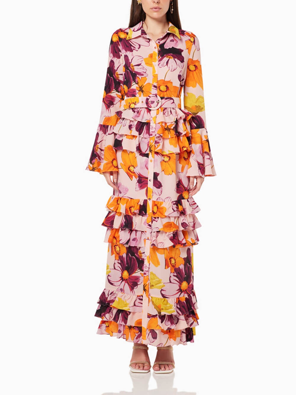 Floral Print Shirt Ruffle Cake Maxi Dress Newgew Dresses