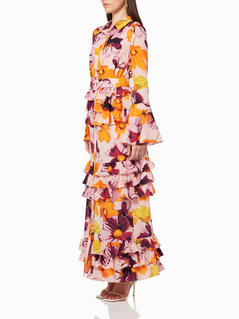 Floral Print Shirt Ruffle Cake Maxi Dress Newgew Dresses